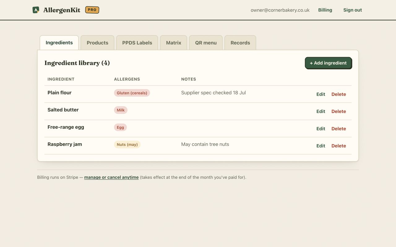 AllergenKit ingredient library showing ingredients and their allergen information
